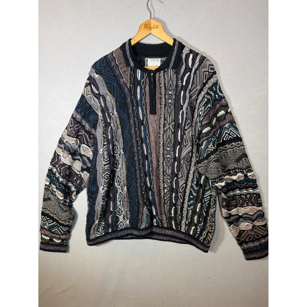 Coogi Australia Vintage 3D Knit 1/4 Zip Sweater Men XL Blue Grey Cotton 90s RARE